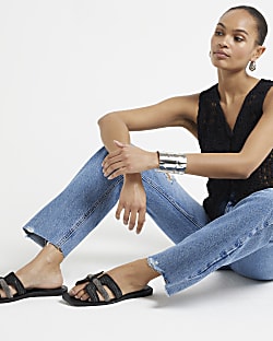 Black raffia flat sandals