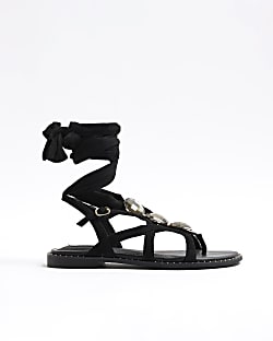 Black embellished tie up sandals River Island