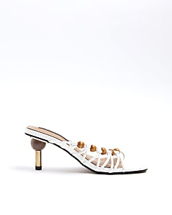 White beaded strappy mule heeled sandals