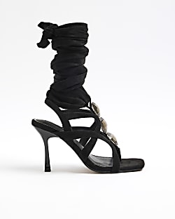 Black embellished tie up heeled sandals