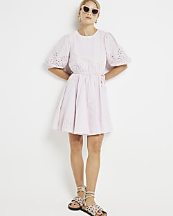 Purple broderie puff sleeve skater mini dress