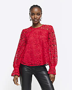 Red lace high neck top deals