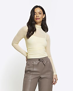 Yellow mesh ruched long sleeve top