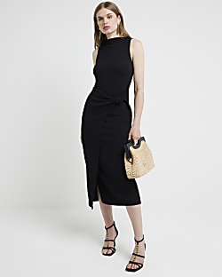 Black textured knot bodycon midi dress