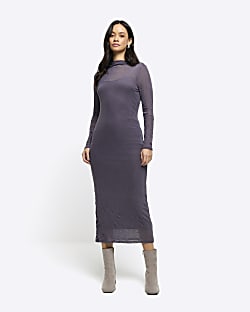 Grey mesh bodycon maxi dress
