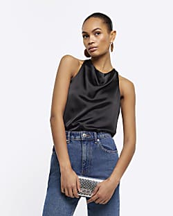 Black satin cowl halter neck top River Island
