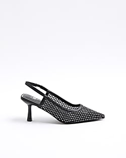 Black diamante mesh sling back heeled shoes