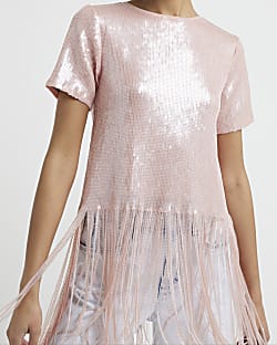 Pink sequin fringe detail t-shirt