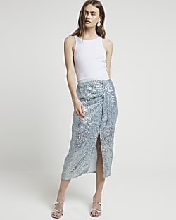 Blue sequin drape midi skirt
