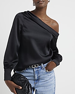 Black satin off shoulder blouse