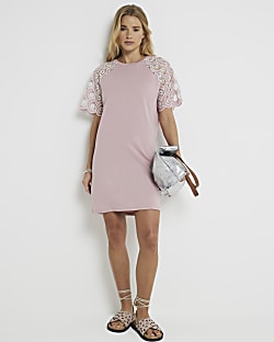 Pink broderie sleeve t-shirt mini dress