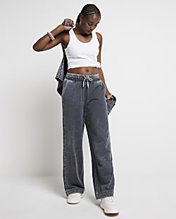 Grey washed wide leg joggers River Island