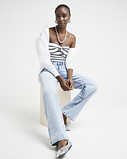 White Stripe Knot Front Bandeau Top