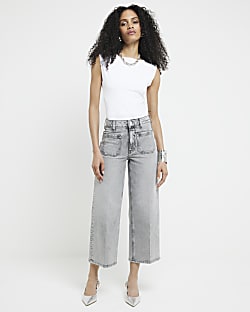Grey high waisted cropped wide fit jeans River Island