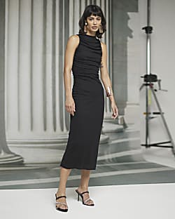 Black mesh ruched bodycon midi dress River Island