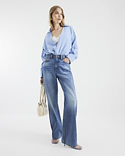 Blue high waisted relaxed straight jeans