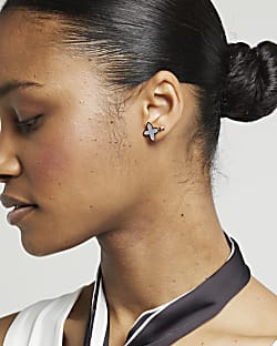White Stainless Steel Petal Stud Earrings
