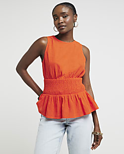 Red linen blend shirred peplum top