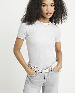 Grey ribbed metallic cropped t-shirt