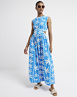 Blue floral cut out swing maxi dress