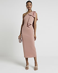 Pink one shoulder midi dress deals
