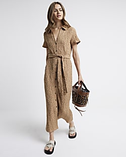 Beige textured belted midi shirt dress