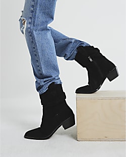 Black suede slouch western boots
