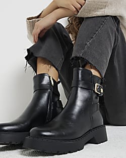River island black patent glitter chunky ankle boots discount