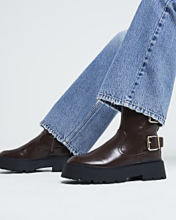 Brown Double Buckle Chunky Biker Boots River Island