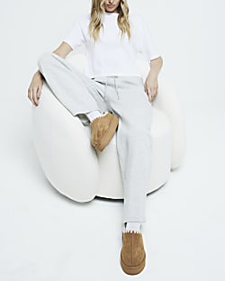 Tan Brown suedette faux fur platform mules