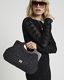 Black raffia clutch bag