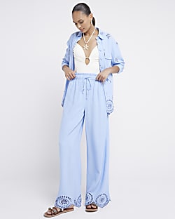 Blue linen blend broderie trousers