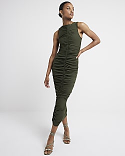 Khaki Ruched Mesh Midi Dress