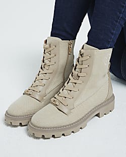 Cream Patent Lace Up Boots River Island