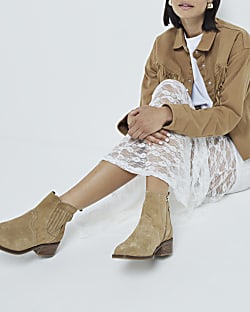 Beige suede block heeled boots
