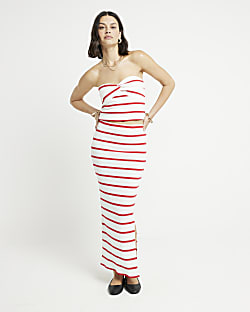 Red Ribbed Stripe Midi Skirt