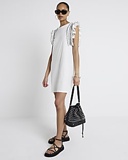 Cream Frill Trim Shift Mini Dress
