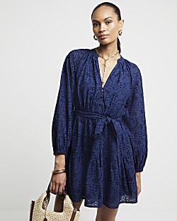 Navy Broderie Belted Mini Shirt Dress River Island