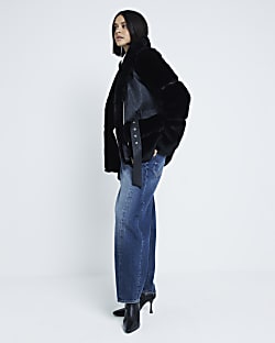 Black Belted Faux Fur Biker Jacket