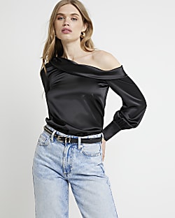 Black Satin Off Shoulder Blouse