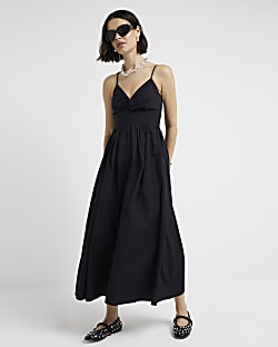 Black twist front skater midi dress River Island