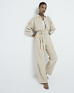 Beige Corduroy Cutwork Jumpsuit