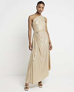 Gold ruched side asymmetric swing midi dress River Island