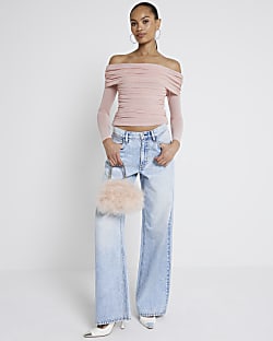 Pink Mesh Bardot Long Sleeve Top River Island