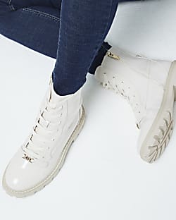 Beige Lace Up Canvas Boots River Island