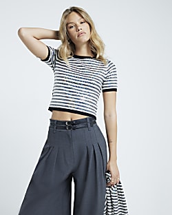 White sequin stripe t-shirt