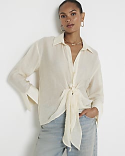 Cream twist front button up shirt