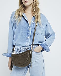 Khaki suedette scoop cross body bag River Island