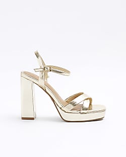 Gold wide fit crossed strap heeled sandals