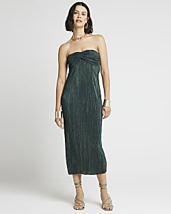 Green plisse bandeau bodycon midi dress